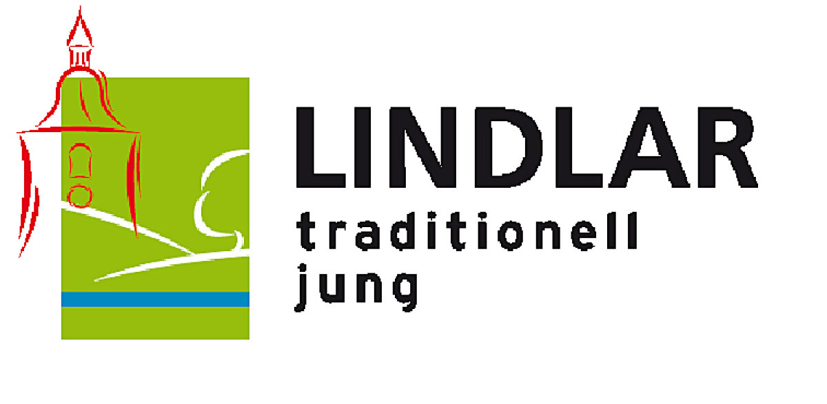 Logo mit stilisiertem roten Kirchturm auf grünem Hintergrund, daneben der Schriftzug 'LINDLAR traditionell jung' in Schwarz.