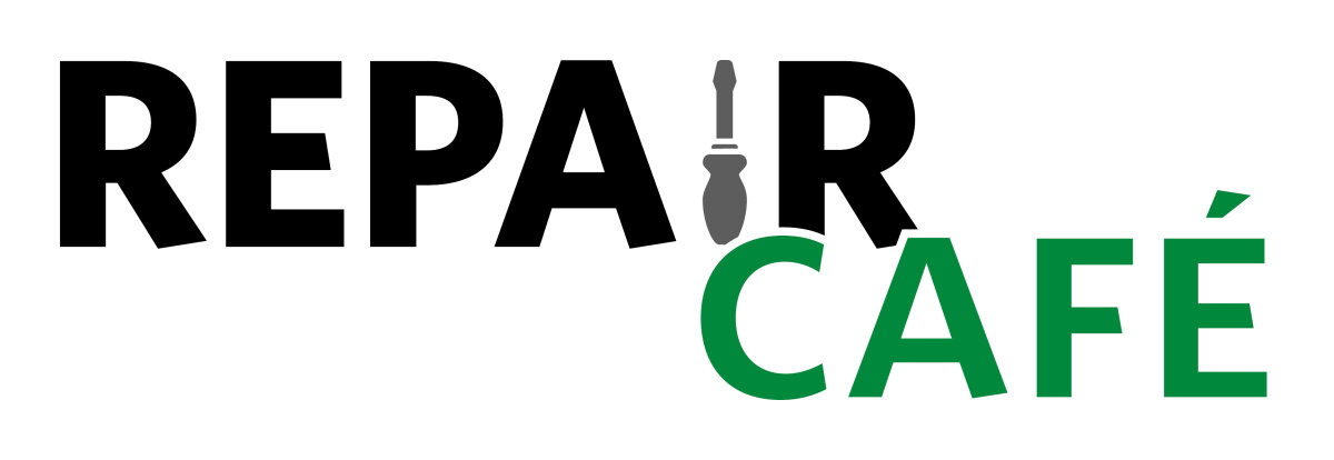 Logo mit dem Schriftzug 'REPAIR CAFÉ'. Das Wort 'REPAIR' ist in schwarzer Schrift, das 'I' wird durch einen Schraubenzieher ersetzt. 'CAFÉ' ist in grüner Schrift.
