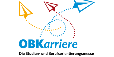 Logo mit drei Papierfliegern in Gelb, Rot und Blau, die durch gepunktete Linien verbunden sind. Darunter steht der Schriftzug 'OBKarriere' in Blau.
