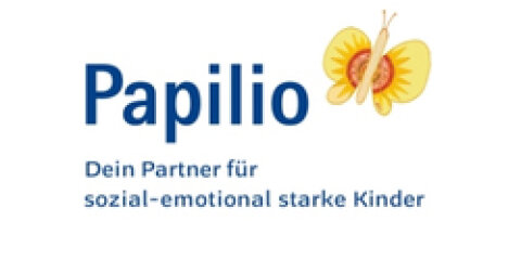 Das Bild zeigt das Logo von Papilio mit einem gelben Schmetterling und dem Text: 'Papilio - Dein Partner für sozial-emotional starke Kinder' auf weißem Hintergrund.