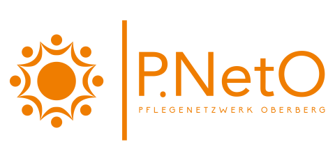 Logo des Pflegenetzwerks Oberberg. Links eine orangefarbene stilisierte Sonne mit Kreisen an den Spitzen. Rechts die Schrift 'P.NetO' und darunter 'Pflegenetzwerk Oberberg', ebenfalls in Orange auf schwarzem Hintergrund.