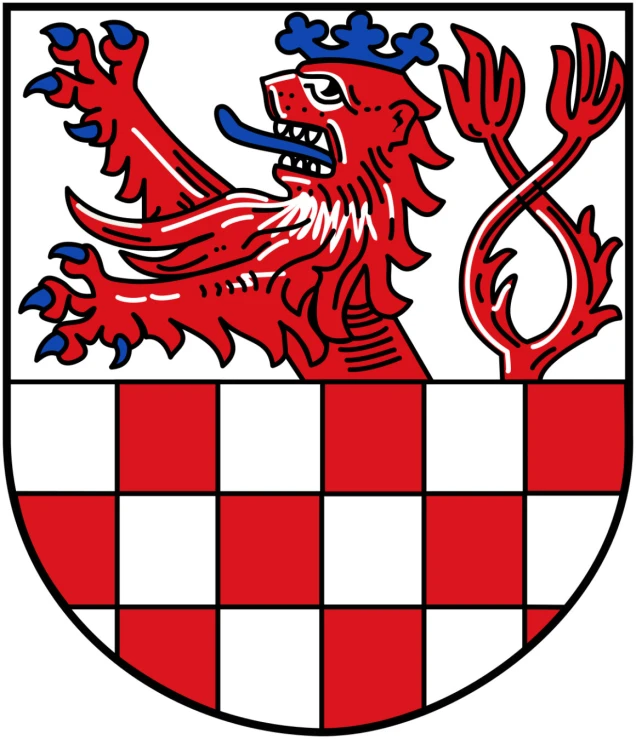 Ein Wappen mit einem rot-weißen Schachbrettmuster im unteren Bereich und einem roten, gekrönten Löwen mit blauer Zunge und Krallen auf weißem Hintergrund im oberen Bereich.