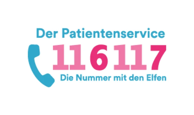 Grafik mit der Aufschrift 'Der Patientenservice 116117 Die Nummer mit den Elfen'. Links ist ein stilisierter Telefonhörer in Blau abgebildet.