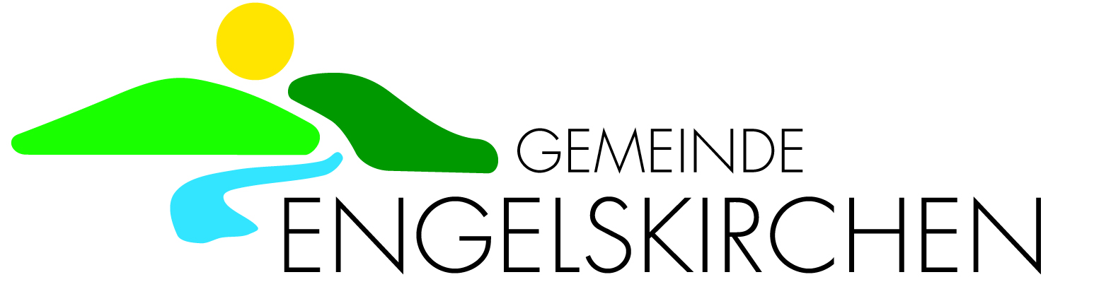 Logo der Gemeinde Engelskirchen mit stilisierten grünen Hügeln, einem gelben Kreis als Sonne, einem blauen Fluss und dem Schriftzug 'Gemeinde Engelskirchen'.