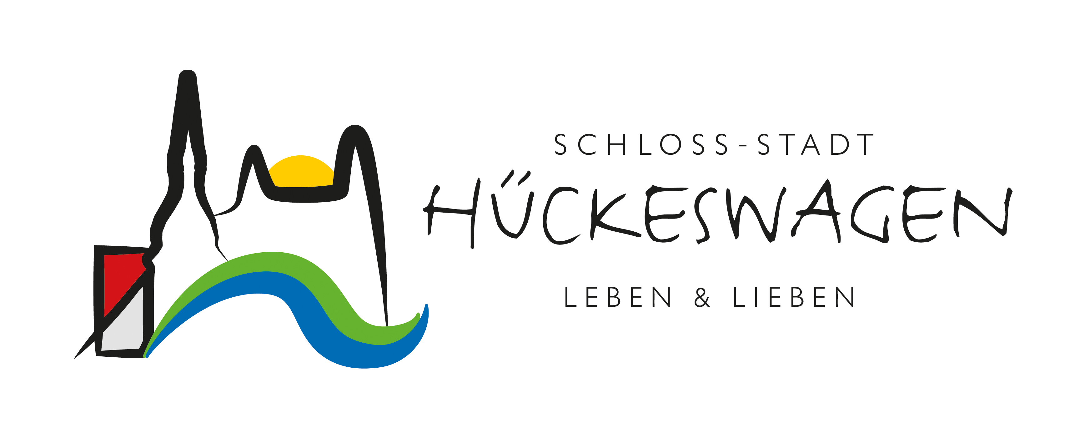 Logo mit stilisierter Darstellung eines Schlosses in Schwarz, einem gelben Halbkreis, grünen und blauen Wellen. Text: Schloss-Stadt Hückeswagen, Leben & Lieben.