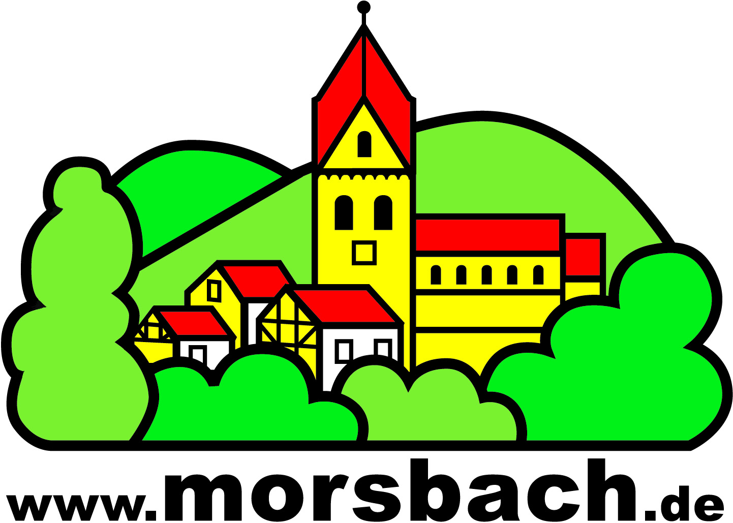 Illustration einer Kirche mit rotem Dach, umliegenden Fachwerkhäusern und grünen Hügeln im Hintergrund. Darunter steht www.morsbach.de.