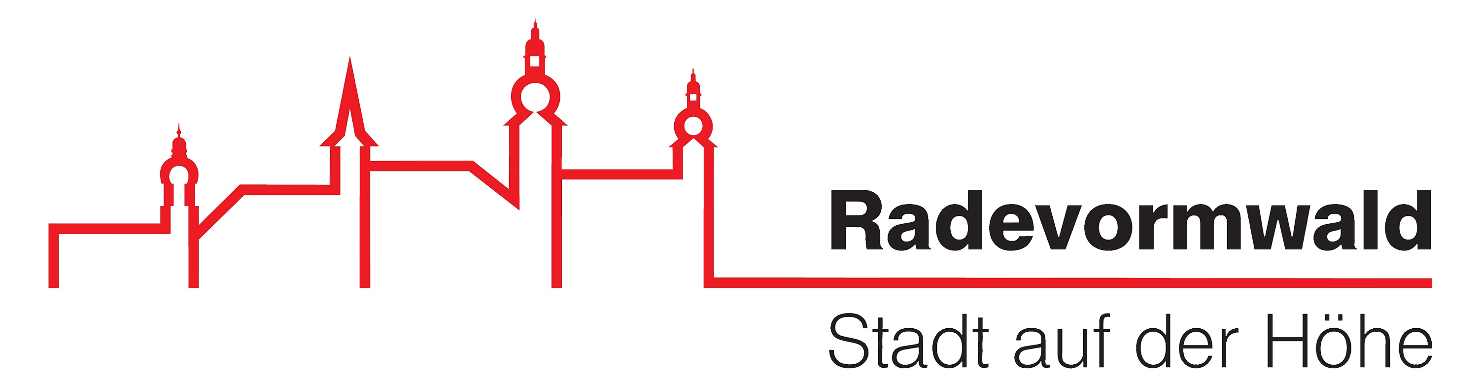 Ein Logo mit einer roten stilisierten Skyline von Gebäuden, darunter der Text 'Radevormwald' in schwarz und 'Stadt auf der Höhe' in grau.
