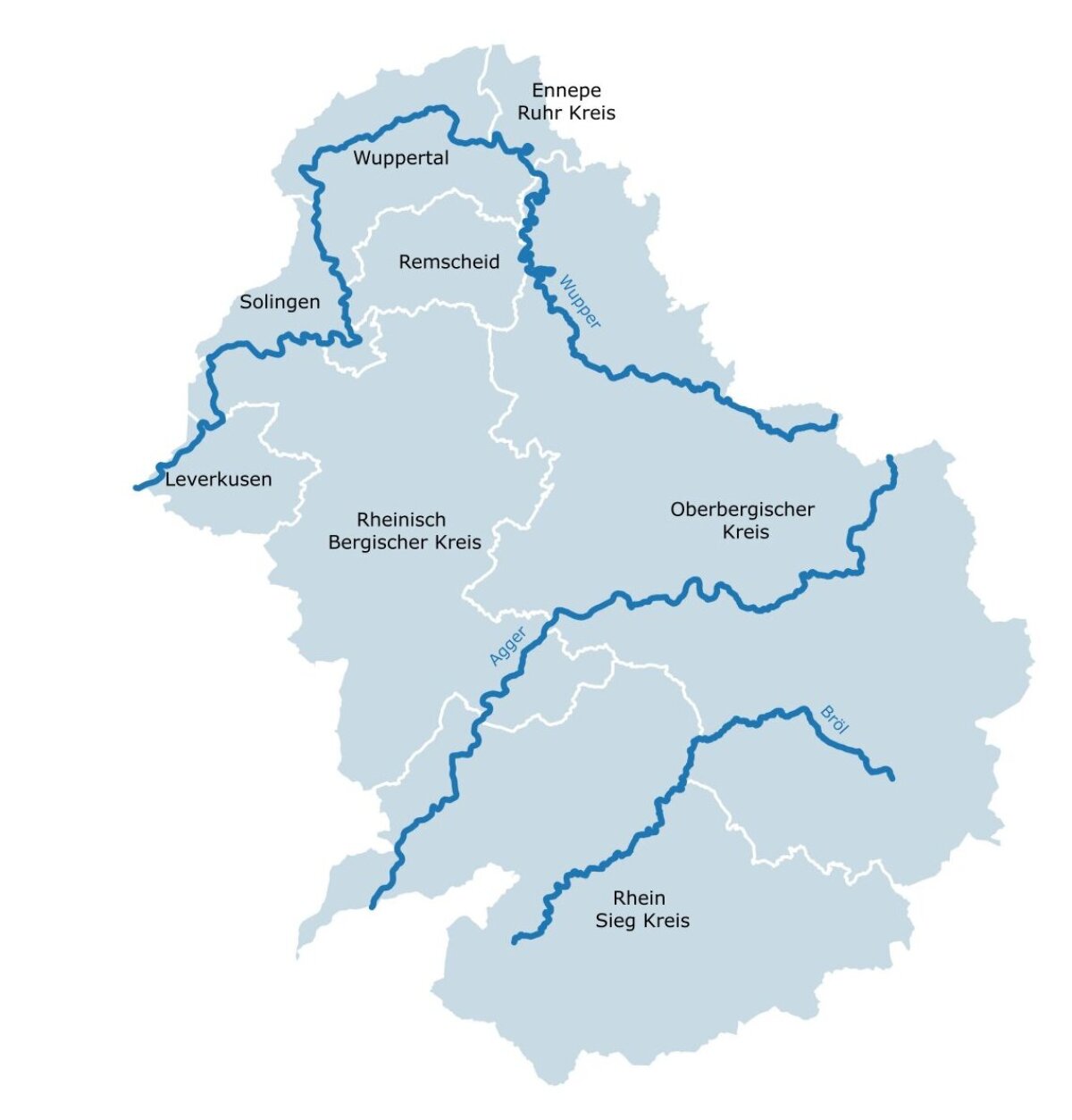 Karte einer Region in Deutschland mit den Flüssen Wupper, Agger und Bröl. Die Städte Wuppertal, Solingen, Remscheid und Leverkusen sowie die Kreise Ennepe-Ruhr-Kreis, Rheinisch-Bergischer Kreis, Oberbergischer Kreis und Rhein-Sieg-Kreis sind markiert.