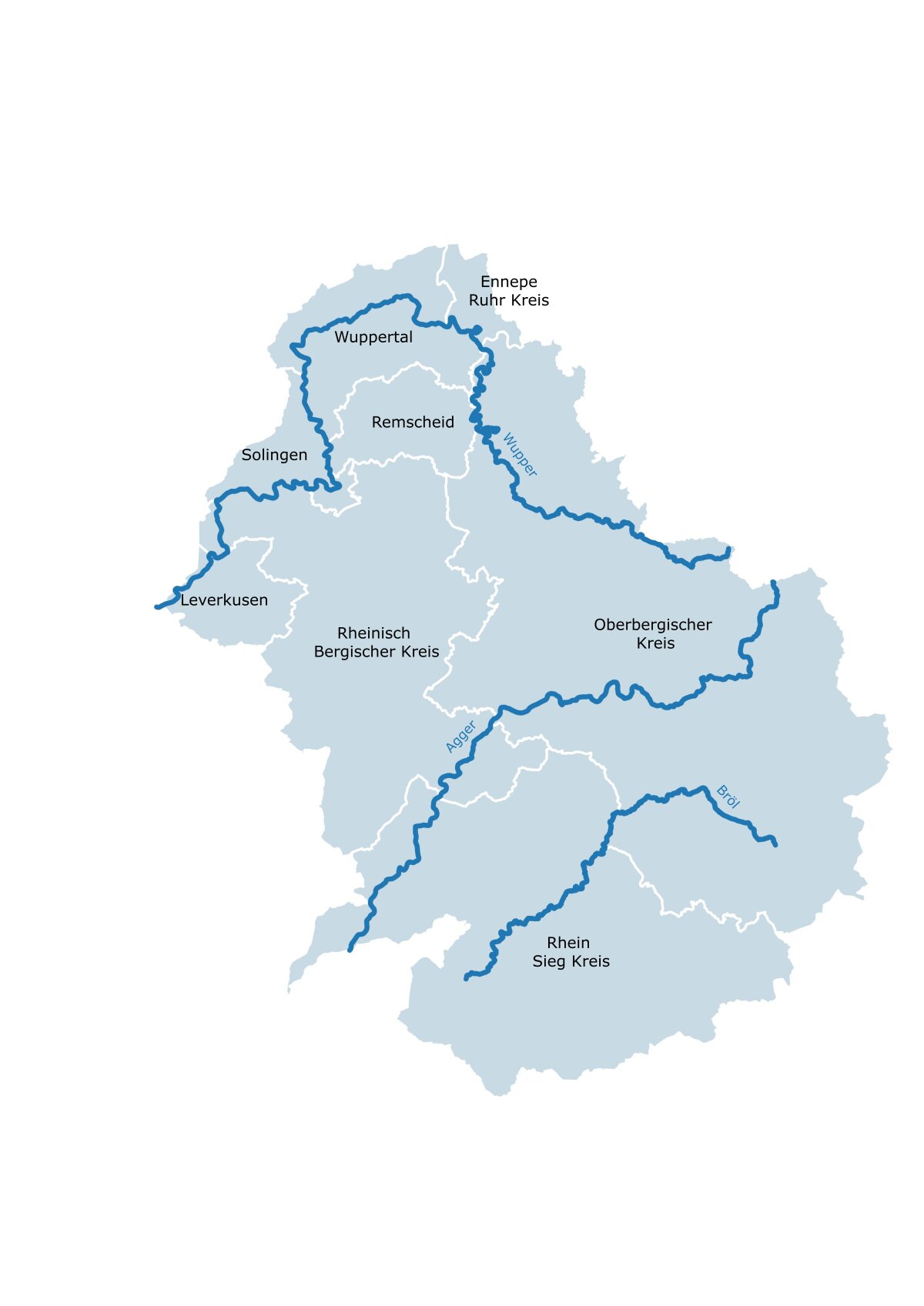 Karte einer Region in Deutschland mit den Flüssen Wupper, Agger und Bröl. Die Städte Wuppertal, Solingen, Remscheid und Leverkusen sowie die Kreise Ennepe-Ruhr-Kreis, Rheinisch-Bergischer Kreis, Oberbergischer Kreis und Rhein-Sieg-Kreis sind markiert.