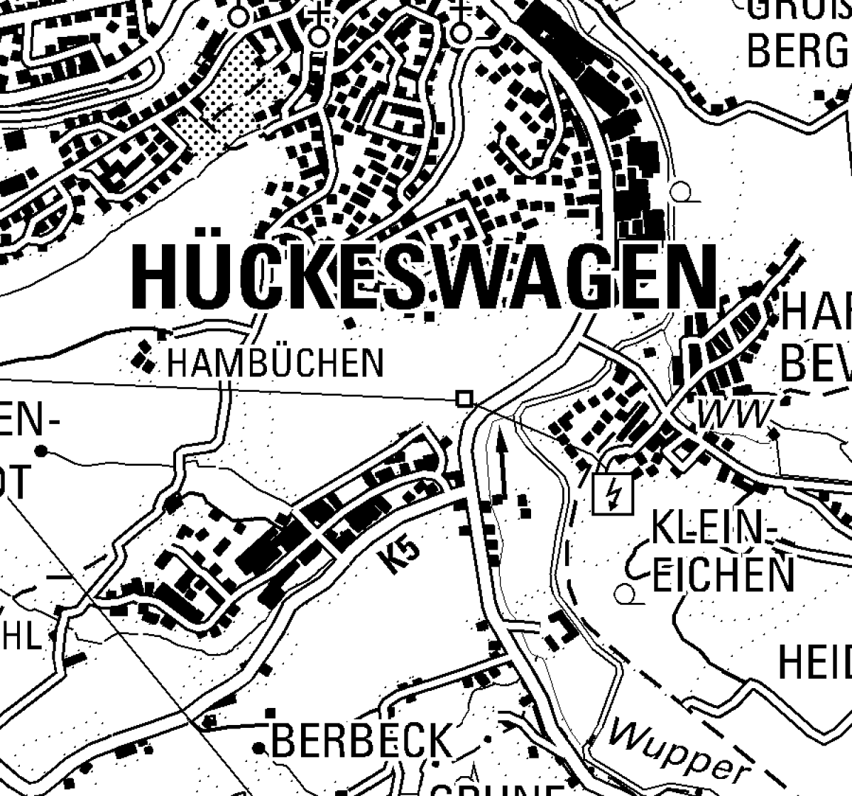 Ausschnitt einer schwarz-weißen topografischen Karte der Region Hückeswagen. Beschriftungen zeigen Ortsnamen wie Großen-Scheidt, Klein-Eichen und Hartkopsbever sowie Straßen und geografische Merkmale.