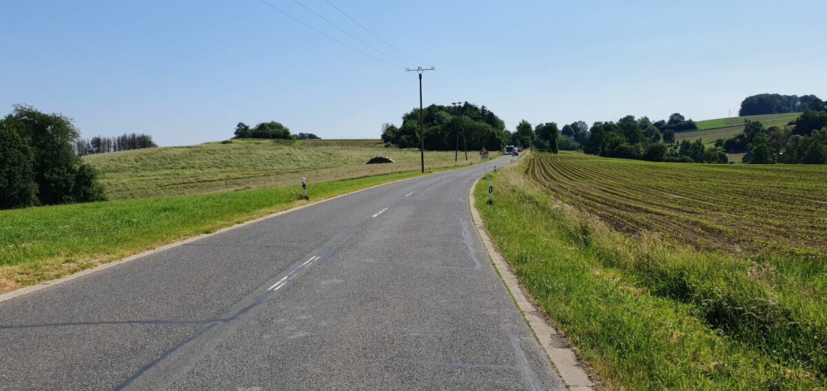 Landstraße in einer ländlichen Gegend mit leichtem Kurvenverlauf. Links und rechts der Straße sind Wiesen und Felder, im Hintergrund Bäume und Hügel.