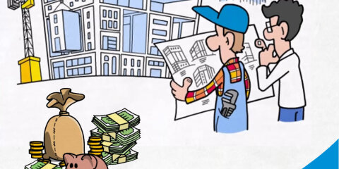Illustration zeigt zwei Personen, die Baupläne betrachten, vor einem im Bau befindlichen Gebäude mit Kran. Unten Geldsäcke, Münzen, Geldscheine und ein Sparschwein. Text: Finanzierung und Kosten - Zentralisierung der Kreisverwaltung, www.obk.de/zentralisierung, mit einem Logo auf blauem Hintergrund.