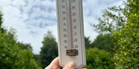 Eine Hand hält ein Thermometer vor einem bewölkten Himmel und grüner Vegetation. Das Thermometer zeigt Temperaturen in Celsius und Fahrenheit an.