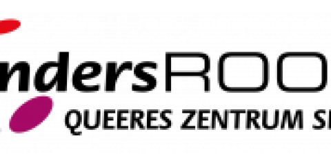 Logo des AndersROOM Queeren Zentrums Siegen. Der Schriftzug 'andersROOM' ist in Schwarz und teilweise farbig mit einem Regenbogen-Kreis aus Punkten gestaltet.