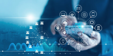 Businessman using mobile smartphone and icon network connection data with growth graph customer, digital marketing, banking and payment online, analysis and planning of business.
