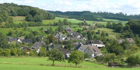 Eine ländliche Gegend mit einem kleinen Dorf, umgeben von grünen Wiesen, Bäumen und Hügeln unter einem leicht bewölkten Himmel.