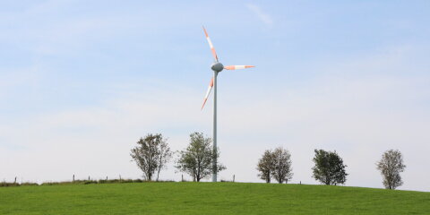 Eine einzelne Windkraftanlage mit orange-weißen Rotorblättern steht auf einem grünen Hügel. Im Hintergrund sind mehrere Bäume und ein blauer Himmel zu sehen.