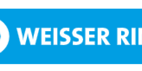 Ein Logo mit weißem Text 'WEISSER RING' auf blauem Hintergrund. Links daneben ein weißer Kreis.