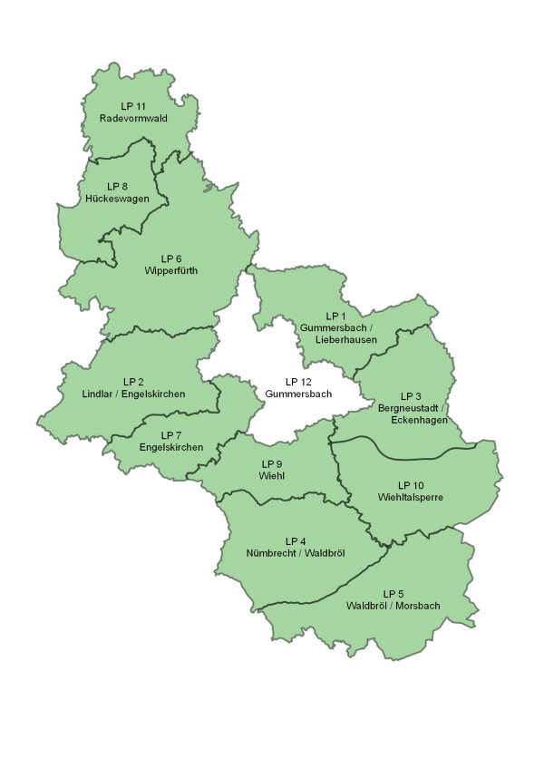 Karte des Oberbergischen Kreises mit mehreren geografischen Bereichen , die in grün dargestellt und mit schwarzen Linien voneinander abgegrenzt sind. Jeder Bereich, Landschaftsplan, ist mit einer Beschriftung versehen, die den Namen des Landschaftsplans und eine Nummer angibt, z. B. 'LP 1 Gummersbach / Lieberhausen', 'LP 12 Gummersbach', 'LP 8 Hückeswagen', etc.