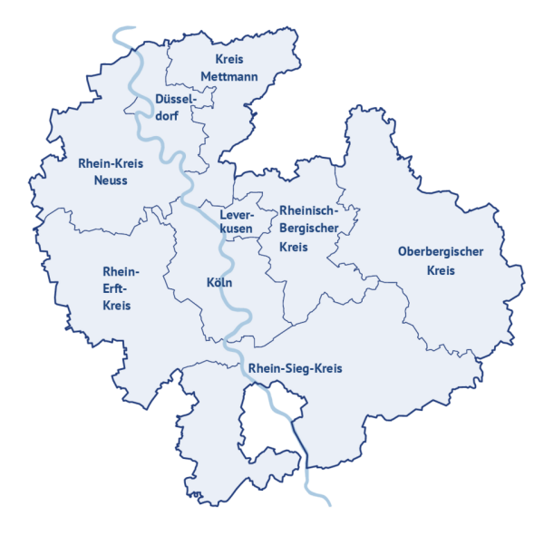 Karte einer Region in Nordrhein-Westfalen, Deutschland, mit eingezeichneten Kreisen: Kreis Mettmann, Düsseldorf, Rhein-Kreis Neuss, Rhein-Erft-Kreis, Leverkusen, Köln, Rheinisch-Bergischer Kreis, Oberbergischer Kreis und Rhein-Sieg-Kreis. Der Rhein fließt durch die Region.