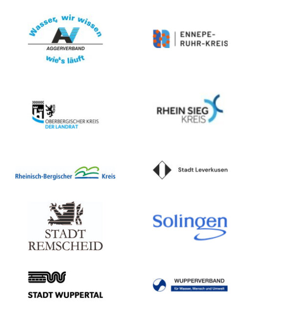 Logos der Kooperationspartner: Aggerverband, Ennepe-Ruhr-Kreis, Oberbergischer Kreis, Rhein-Sieg-Kreis, Rheinisch-Bergischer Kreis, Stadt Leverkusen, Stadt Remscheid, Solingen, Stadt Wuppertal und Wupperverband.