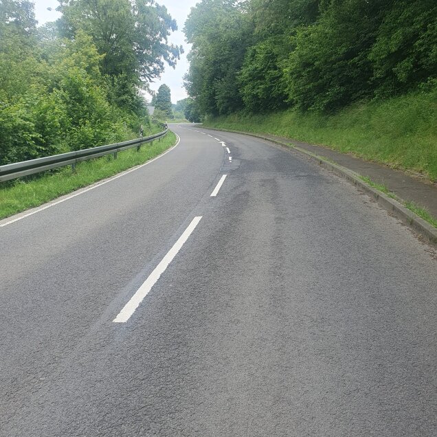 Eine asphaltierte Straße mit weißen Mittelstreifen, die durch eine grüne, bewaldete Landschaft führt. Links befindet sich eine Leitplanke, rechts ein schmaler Gehweg.