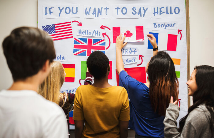 Teenager people at the national flags board