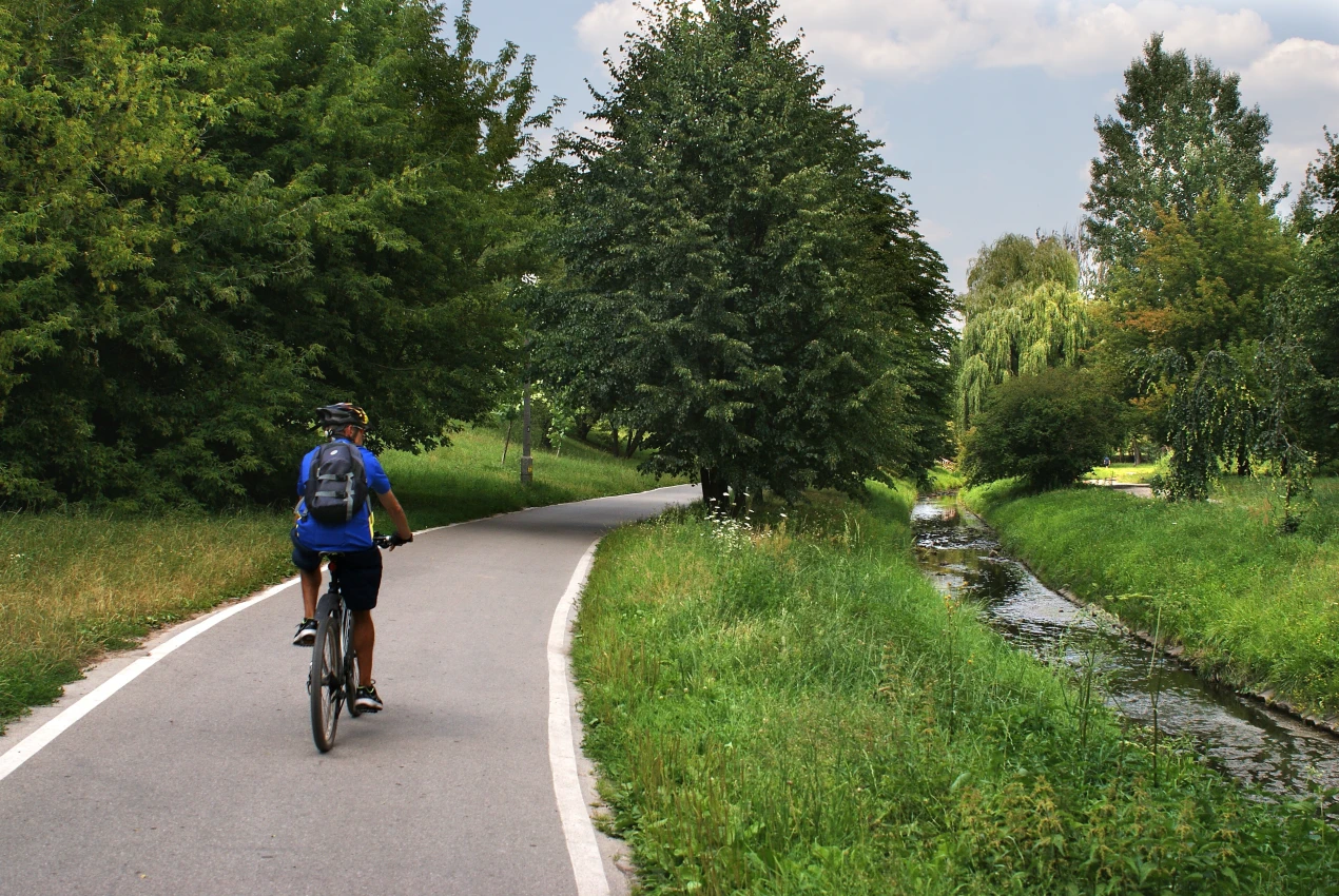 Ein Radfahrer mit Helm und Rucksack fährt auf einem asphaltierten Weg durch eine grüne Landschaft. Rechts neben dem Weg fließt ein schmaler Bach.