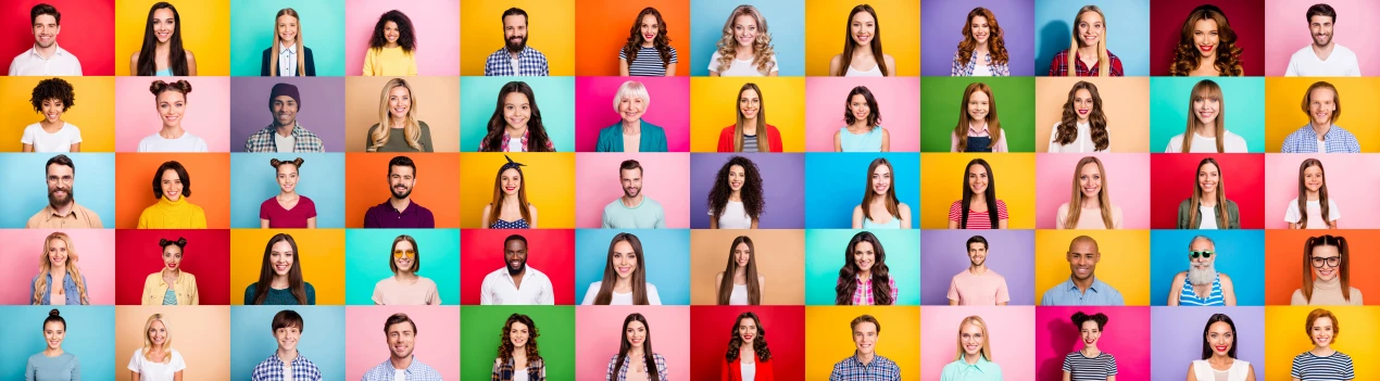 Photo collage of cheerful excited glad optimistic crowd of different human have toothy beaming smile wear casual clothes isolated over bright multicolored background