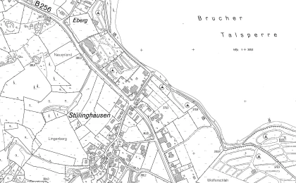Schwarz-weiße historische topografische Karte eines Gebiets um die Brucher Talsperre. Markiert sind Straßen, Gebäude, Flächen und Ortsnamen wie Stülinghausen.