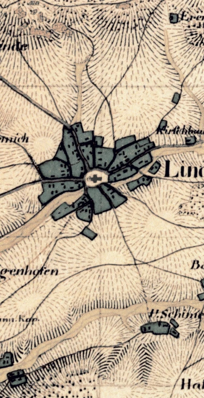 Historische Karte mit der Beschriftung 'Lindlar' im Zentrum. Gebäude, Straßen und umliegende Ortschaften sind eingezeichnet. Hügel und Wälder sind durch Schraffuren dargestellt.