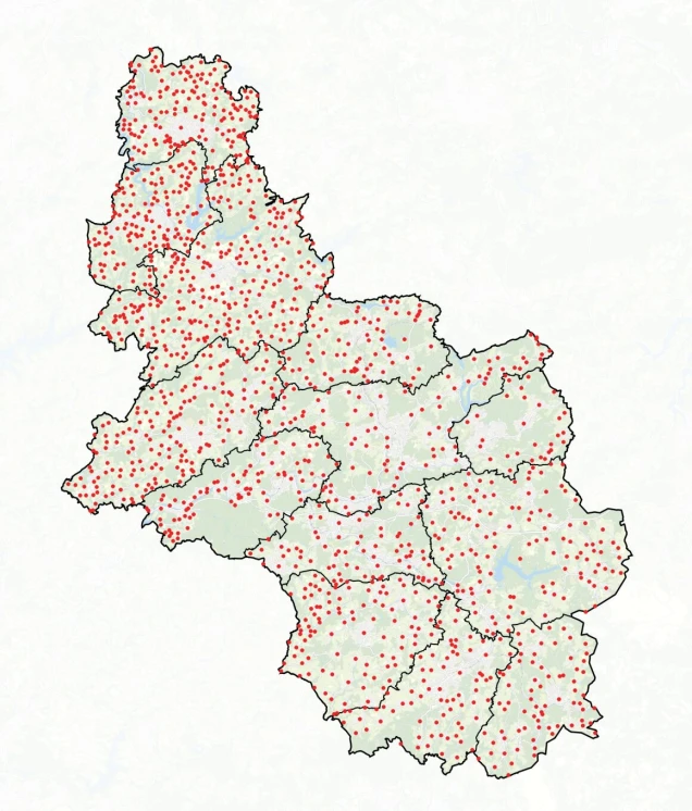 Karte des Oberbergischen Kreises, mit schwarzen Linien unterteilt in die Gebiete der Städte und Gemeinden. Innerhalb Karte  sind zahlreiche rote Punkte für die Lage der Dörfer im Kreisgebiet verzeichnet.