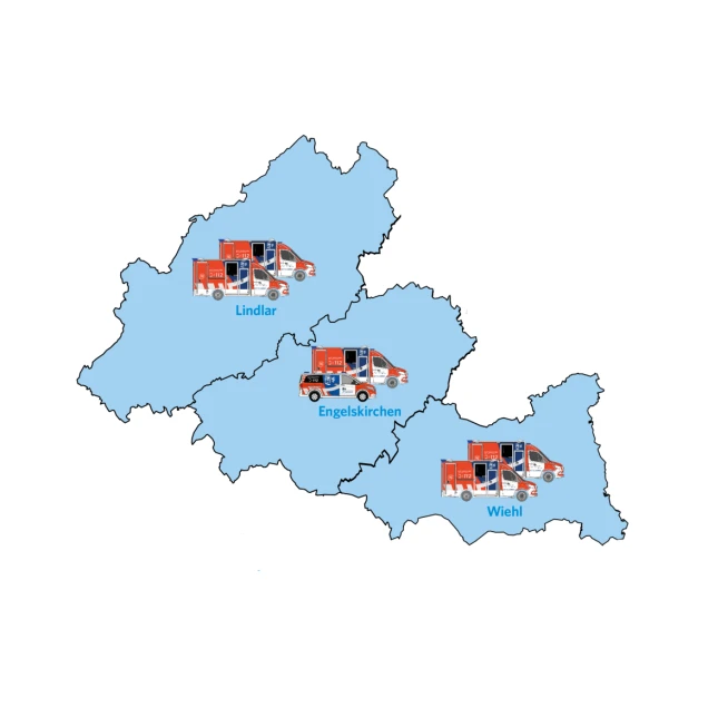 Eine Karte mit drei markierten Bereichen, die mit den Ortsnamen Lindlar, Engelskirchen und Wiehl beschriftet sind. In jedem Bereich ist ein Rettungsfahrzeug abgebildet.