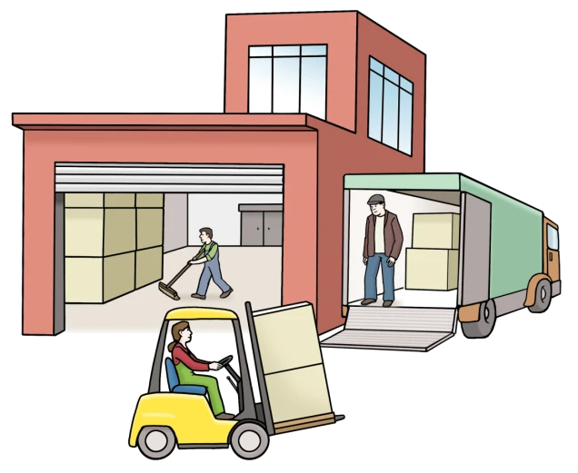 Illustration eines Lagers mit einer geöffneten Lagerhalle, einer Person, die fegt, einem Gabelstapler mit Ladung und einem Lastwagen mit geöffneter Ladefläche.