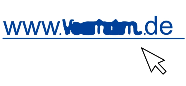 Eine blaue URL mit der Schrift 'www.' und '.de', wobei der mittlere Teil unleserlich ist. Darunter eine blaue Linie. Rechts ein schwarzer Mauszeiger.