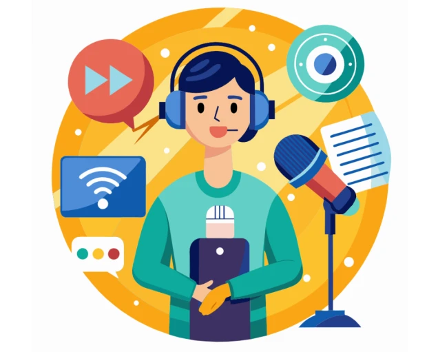 Illustration einer Person mit Kopfhörern und Mikrofon vor einem gelben Hintergrund. Symbole für WLAN, Play, Chat und Text sind um die Person angeordnet.