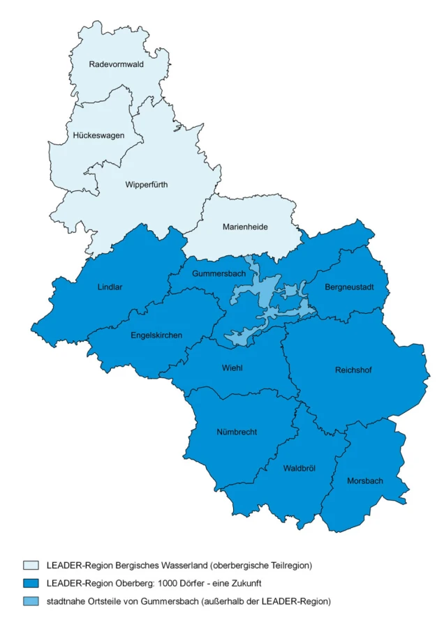 Karte der LEADER-Regionen im Oberbergischen Kreis. Hellblau markiert ist die Region Bergisches Wasserland, dunkelblau die Region Oberberg: 1000 Dörfer – eine Zukunft. Mittelblau für stadtnahem Bereich in Gummersbach , der außerhalb der LEADER-Region liegt