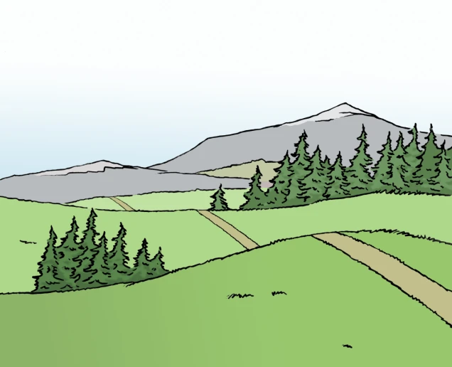 Illustration einer hügeligen Landschaft mit grünen Wiesen, Nadelbäumen und einem Berg im Hintergrund unter klarem Himmel.