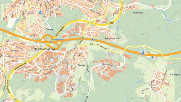 Kartenausschnitt einer Region mit Straßen, Gebäuden und Grünflächen. Beschriftungen zeigen Orte wie Oberbantenberg, Bomig und Breidenbruch.