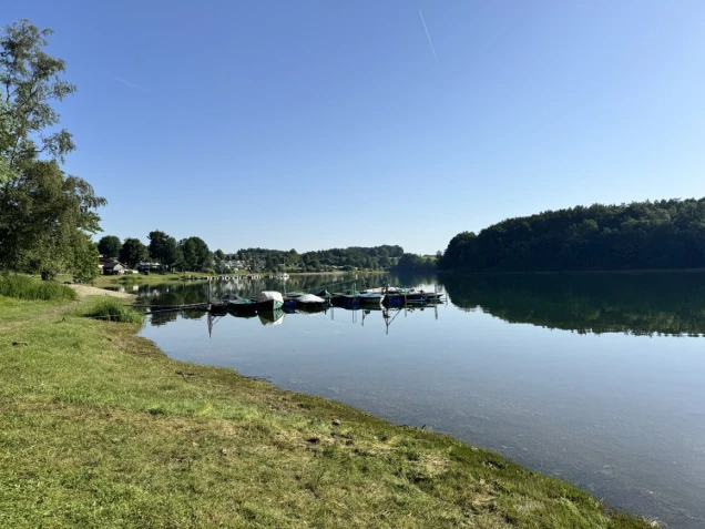 Ein ruhiger See mit mehreren Booten am Ufer, umgeben von grüner Wiese und Bäumen. Der Himmel ist klar und blau, und die Landschaft spiegelt sich im Wasser.