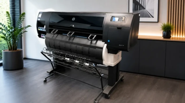 Ein großer, schwarzer Großformatdrucker steht in einem modernen Büro auf einem dunklen Boden. Im Hintergrund sind Pflanzen, ein Bild und eine Holzverkleidung sichtbar.