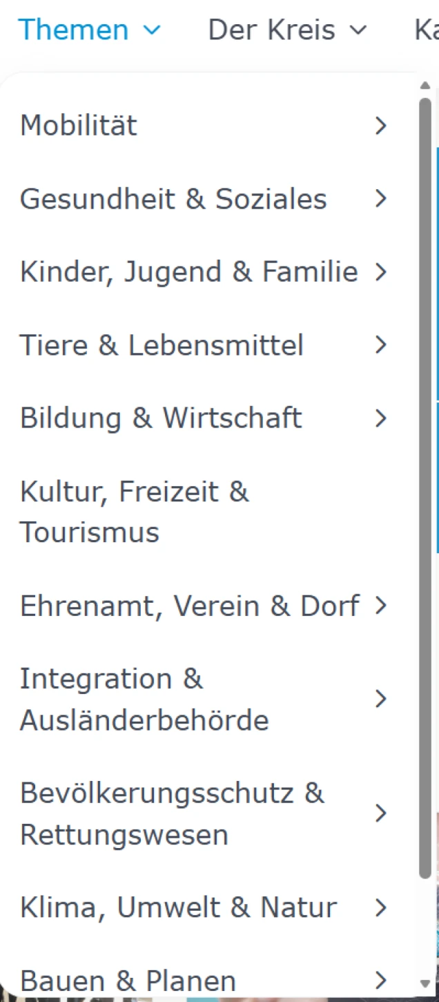 Ein Dropdown-Menü mit verschiedenen Themenkategorien, darunter Mobilität, Gesundheit & Soziales, Kinder, Jugend & Familie, Tiere & Lebensmittel, Bildung & Wirtschaft, Kultur, Freizeit & Tourismus, Ehrenamt, Verein & Dorf, Integration & Ausländerbehörde, Bevölkerungsschutz & Rettungswesen, Klima, Umwelt & Natur, Bauen & Planen.