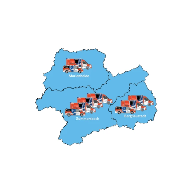Eine Karte mit drei markierten Bereichen: Marienheide, Gummersbach und Bergneustadt. In jedem Bereich sind Abbildungen von Rettungsfahrzeugen zu sehen.