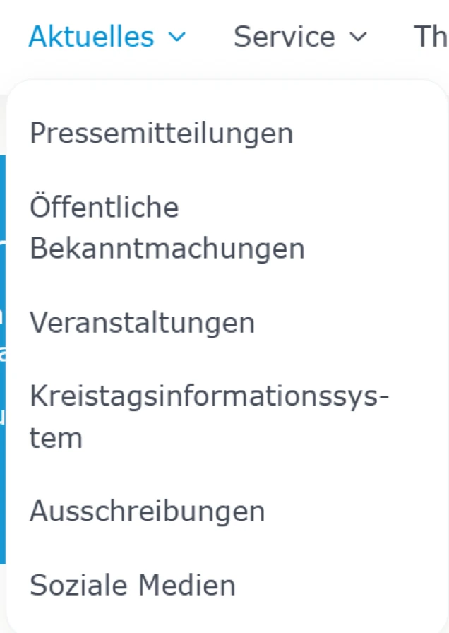 Ein Dropdown-Menü mit den Kategorien: Pressemitteilungen, Öffentliche Bekanntmachungen, Veranstaltungen, Kreistagsinformationssystem, Ausschreibungen und Soziale Medien.