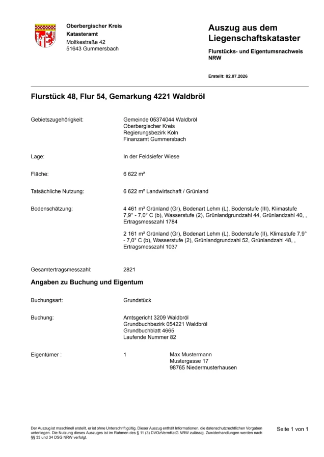Ein Auszug aus dem Liegenschaftskataster für Flurstück 48, Flur 54, Gemarkung 4221 Waldbröl. Es enthält Angaben zu Lage, Fläche, Nutzung, Bodenschätzung und Eigentum. Eigentumsdaten in Musterdaten geändert.