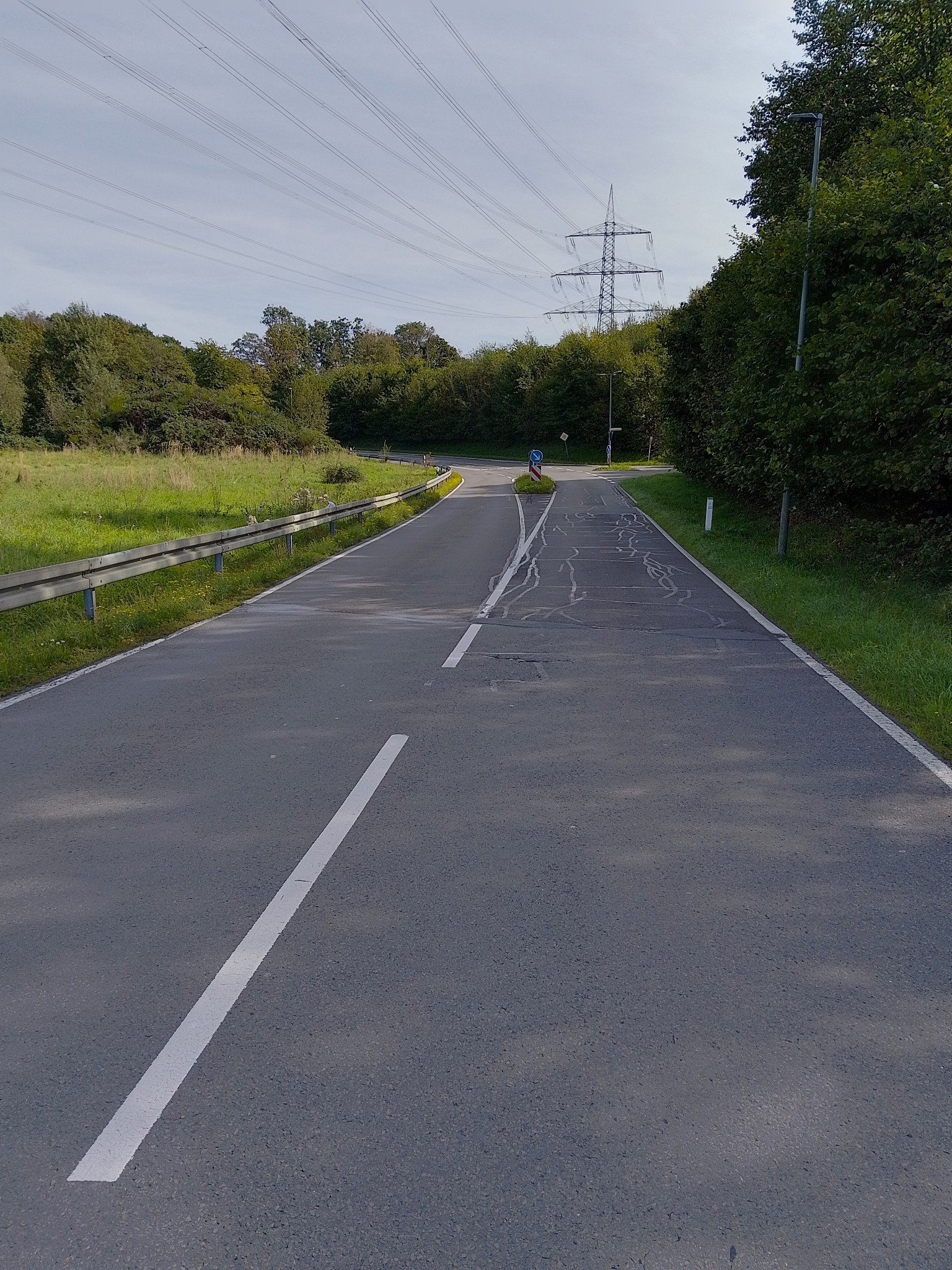 Eine asphaltierte Straße mit weißen Fahrbahnmarkierungen, umgeben von Grünflächen und Bäumen. Im Hintergrund ein Strommast und Stromleitungen.