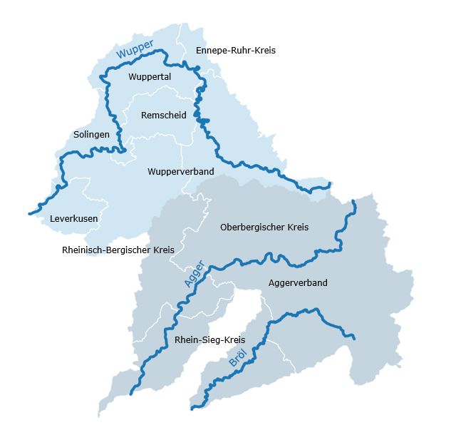 Karte einer Region mit Flüssen und Verwaltungsgrenzen. Gezeigt werden Gebiete wie Wuppertal, Solingen, Leverkusen, und Kreise wie der Oberbergische Kreis. Wupper und Agger sind als Flüsse markiert, dazu gehören Verbände wie der Wupperverband und Aggerverband.