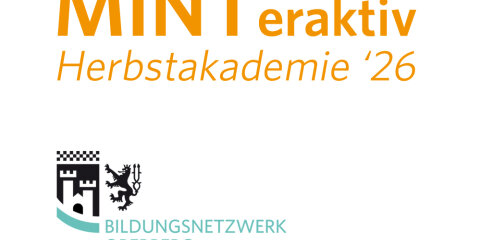 Logo mit orangefarbener Schrift 'MINT eraktiv Herbstakademie '26' und darunter das Logo des Bildungsnetzwerks Oberberg mit Wappen und Schriftzug.