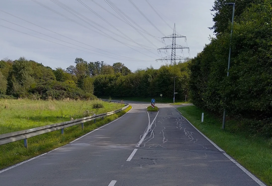 Landstraße mit weißen Markierungen, Leitplanke links, Bäume und Wiese im Hintergrund, Strommast und Stromleitungen sichtbar, bewölkter Himmel.