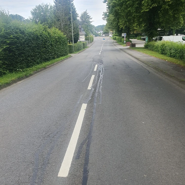 Straße mit Mittelstreifen, teilweise mit dunklen Streifen auf dem Asphalt. Links und rechts sind Gehwege, Hecken und Bäume. Im Hintergrund eine leichte Steigung.